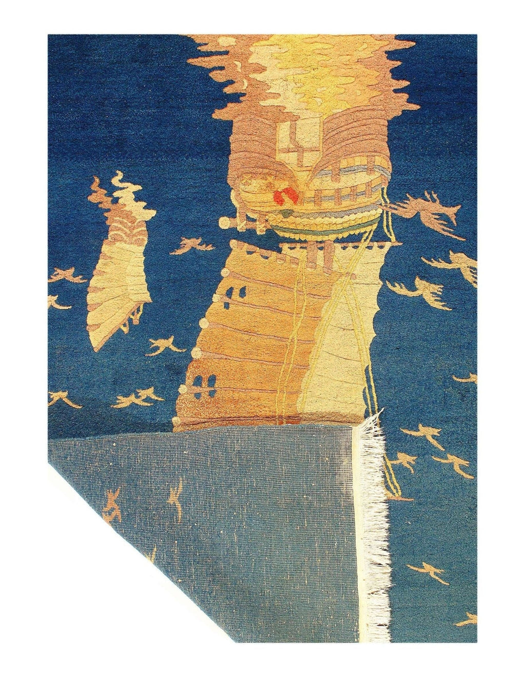 Canvello Floorcloth, ART Deco Rug, New Apartment Gift, CHINESE RUG, Aesthetic Navy Blue Vintage Oriental Style Flower Cotton Carpet, Home Gift 4X7 ft